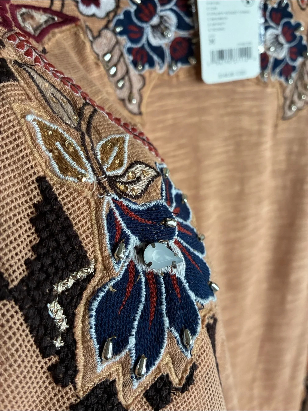Free People Tall Tales Tunic NWT Embroidered Beaded Mesh Thumbhole Top M